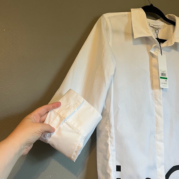 NWT Calvin Klein Sz Lrg Women’s Logo Trim Long Sleeve Cotton Button-down Top $89 - Picture 5 of 12